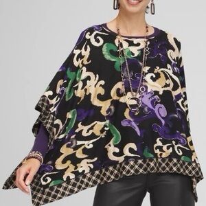 Chico’s Poncho Plaid Trim Whimsical Scroll Print Black Purple Green Tan Large XL
